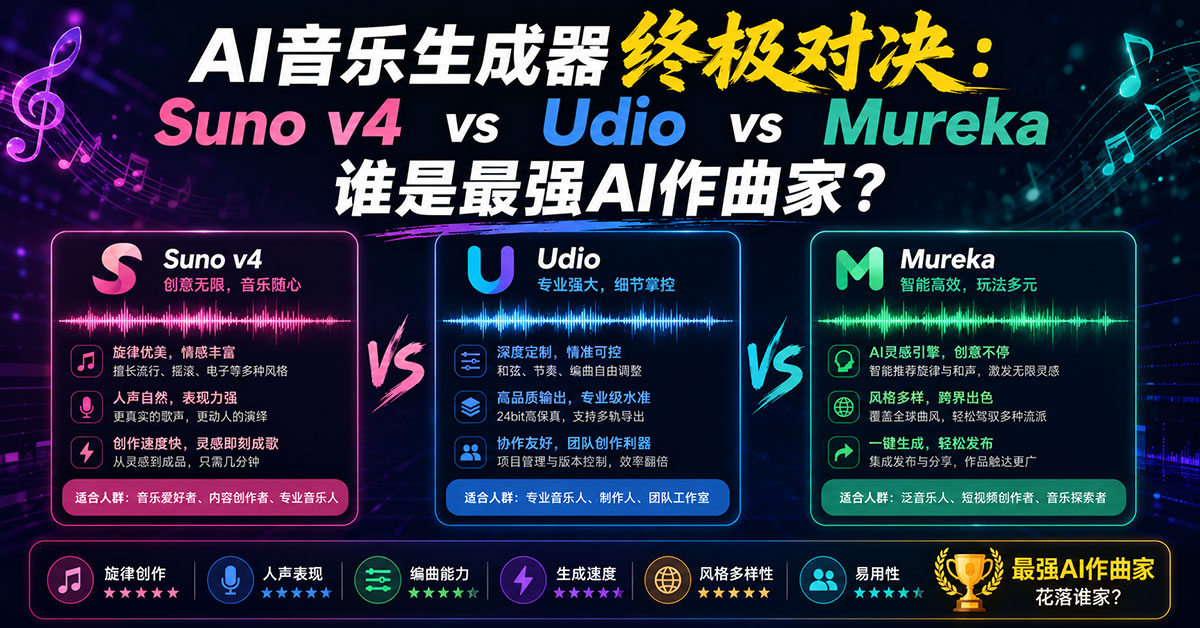 AI音乐生成器终极对决:Suno v4 vs Udio vs Mureka,谁是最强AI作曲家?