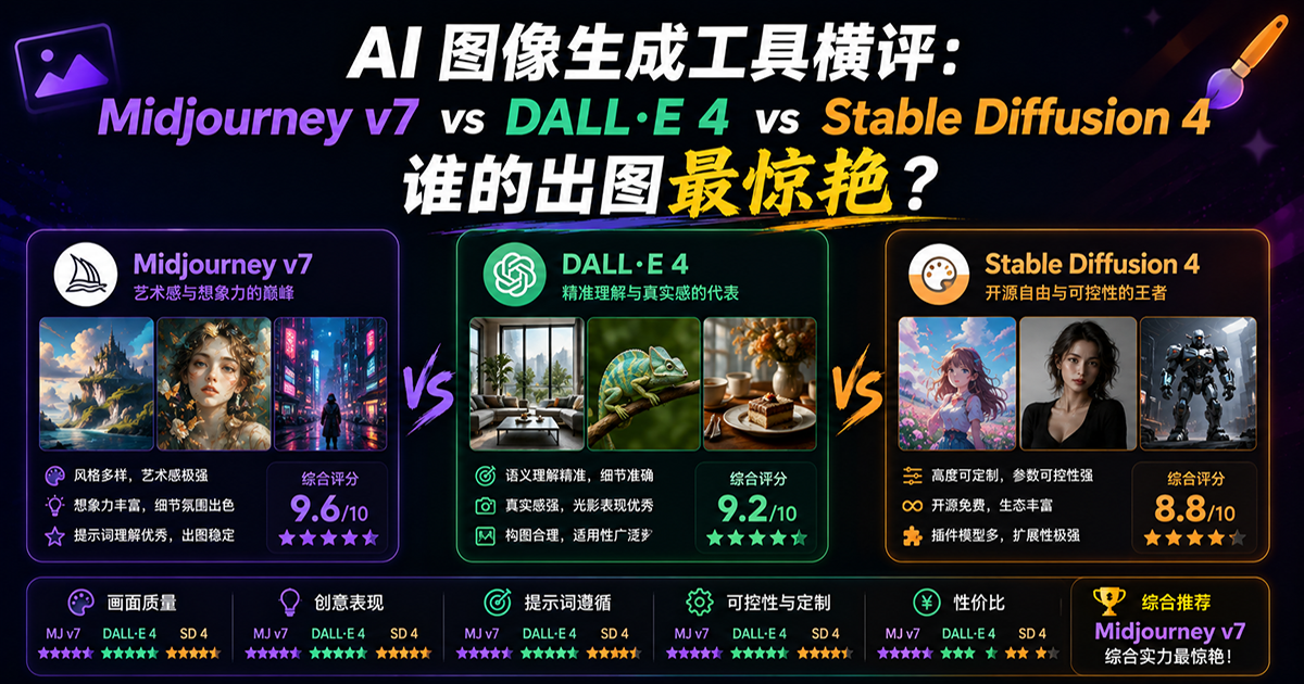AI 图像生成工具横评:Midjourney v7 vs DALL·E 4 vs Stable Diffusion 4,谁的出图最惊艳?