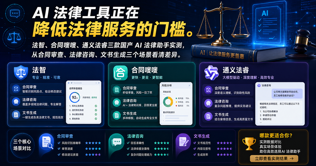 AI 法律助手实测:法智 vs 合同嗖嗖 vs 通义法睿,2026 年普通人能自助处理法律事务吗?
